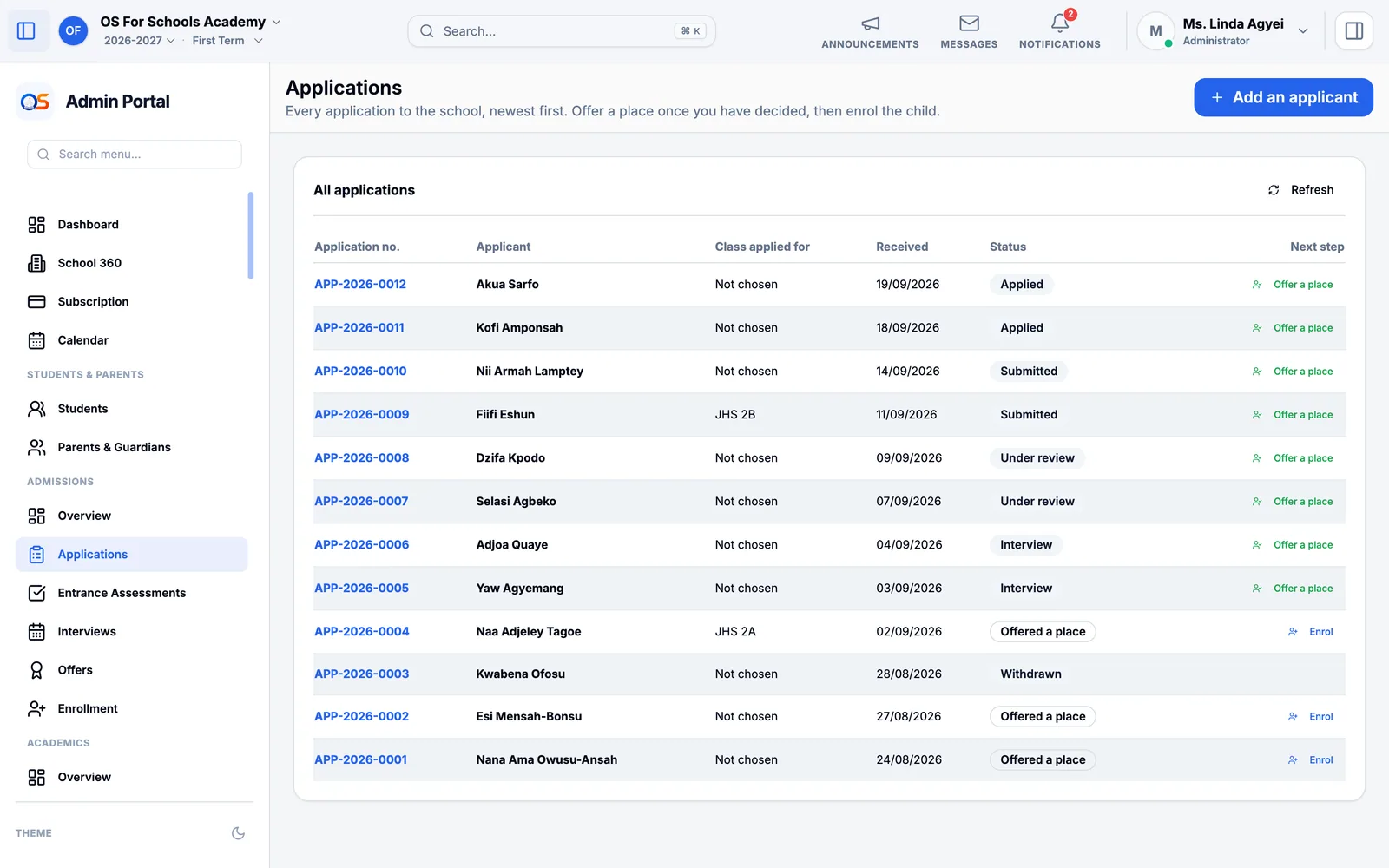 Applications: each applicant with their application number, the class they want, the date they applied and where they are in the admissions process.