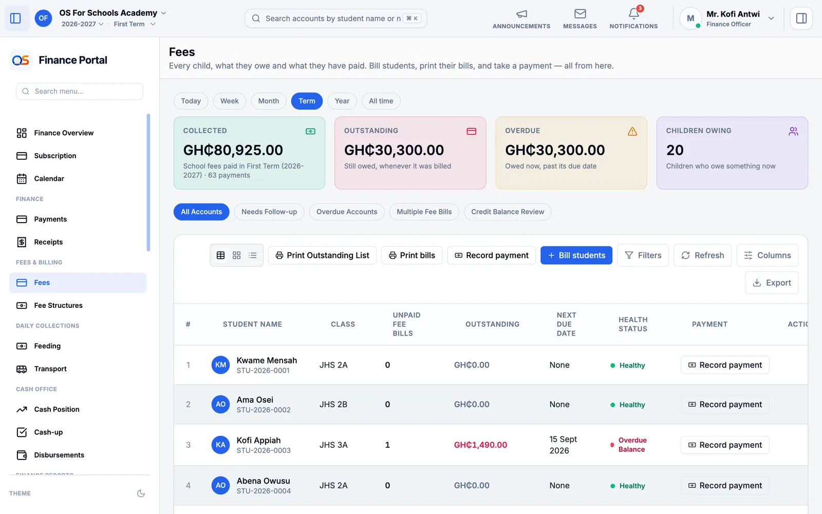 Fees: every child with their class, unpaid bills, what they owe, the next due date and a Record payment button, with buttons to bill students, print bills and print the outstanding list.